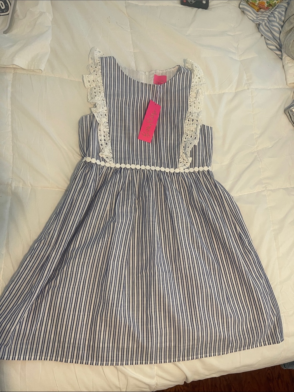 Girls Navy Stripe Dress with Lace Trim Lily Pulitzer